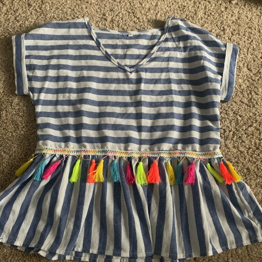 blue&white blouse with colored tassels